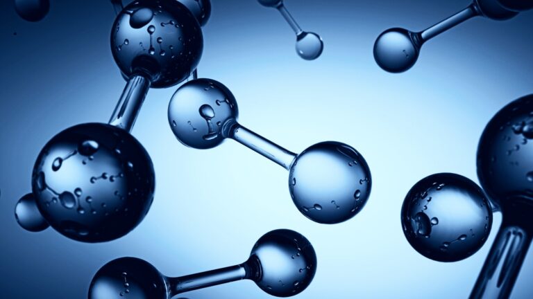 Abstract blue molecular structure representing peptides, the signaling molecules used in intramuscular peptide therapy